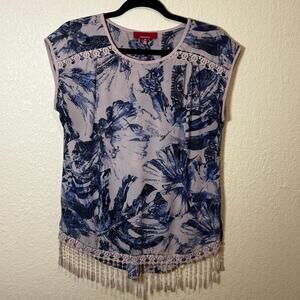 RED Saks Fifth Avenue nude‎ floral sheer fringe top size S